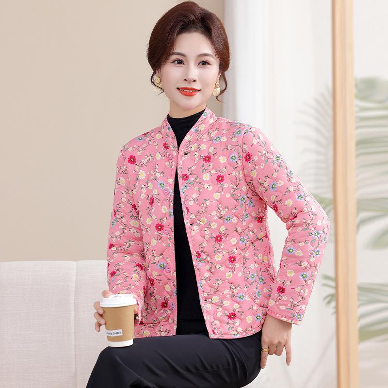 Floral Plus-Size Women's Cotton Jacket with Velvet Lining - Warm and Loose for Autumn/Winter