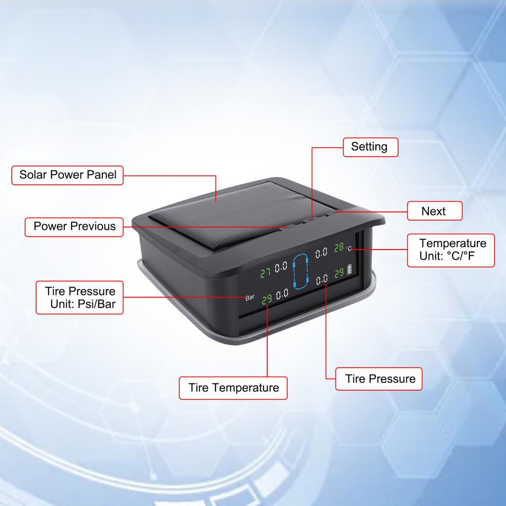Tire Pressure Monitoring System, Solar Tire Pressure Monitor with 4 External Sensors, Ambient Light, Real Time Display