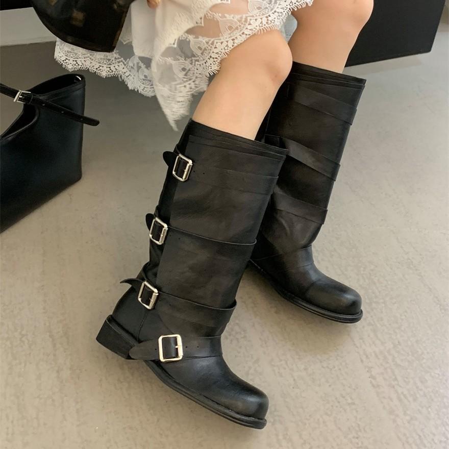 Retro belt buckle boots women's 2025 autumn and winter new thin tall knight boots thick heel large size western cowboy boots