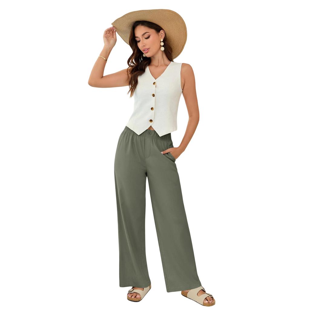 Women's Summer Casual Loose-Fit Flowy Linen Beach Pants With Pockets And Wide Legs