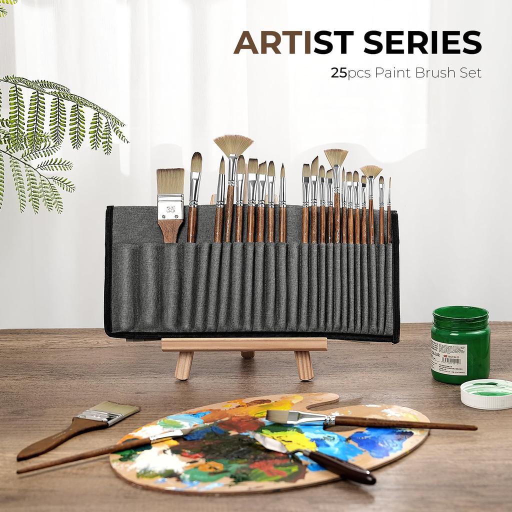 Paintbrush Set, Paint Brushes, Acrylic Paint Brushes, 25 Brushes, Oil Painting Brushes, Art Supplies, Professional Series, with Cloth Roll Case and Pa