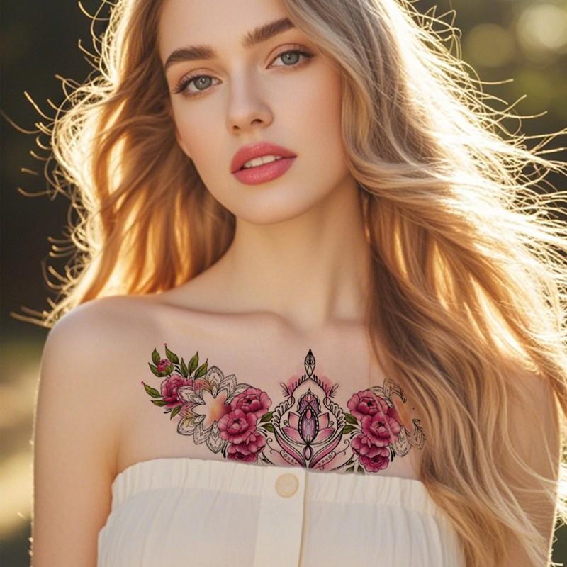 Colorful Flower Temporary Tattoo Stickers Chest Collarbone Scar Cover Waterproof Sexy Body Art