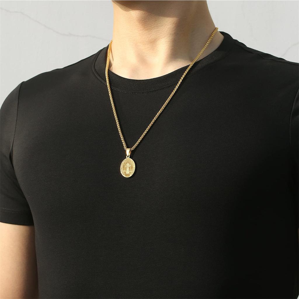 Stainless Steel Saint Benedict Medal Pendant Necklace