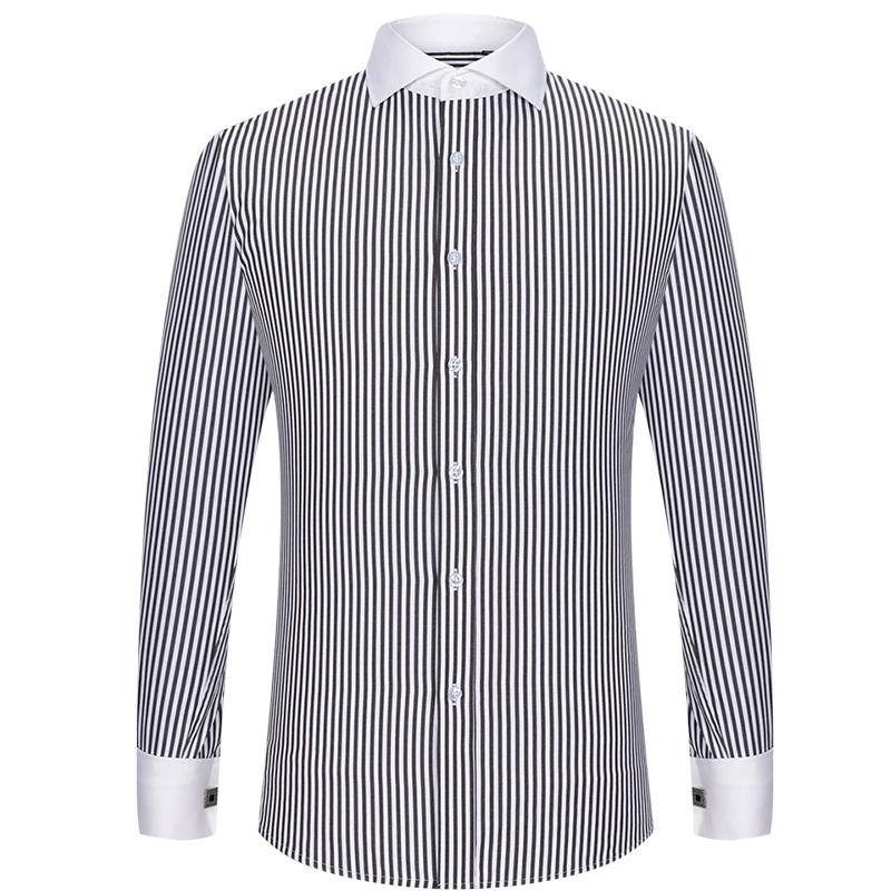 Men'S French Cufflink Shirt With Slim Fit And Contrasting Color Collar, Windsor Collar, Striped Formal Long Sleeved Shir