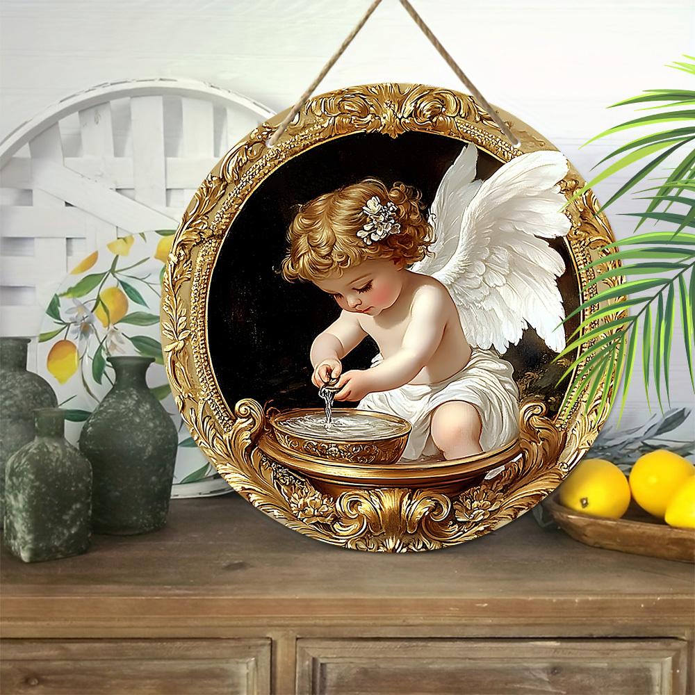 1pc Charming Angel Washing Hands House Wooden Hanging Sign Christmas Decor Christmas Wall Art Decoration Christmas Door Decor Garden Courtyard Party