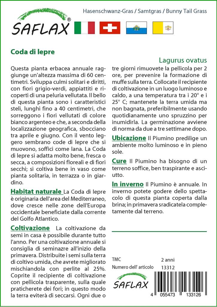 SAFLAX Garden In the Bag - Bunny Tail Grass - 100 Seeds - With Substrate In a Fitting Stand Up Bag - Lagurus Ovatus