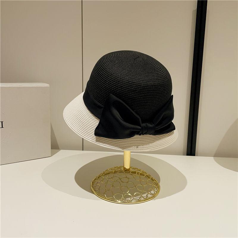 Ladies French Elegant Satin Big Bow Color Matching Straw Hat Retro Top Hat Bucket Hat Sunshade Sun Protection Beach Hat
