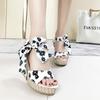 Sandals for Women Strappy Print Wedges Heel Bow Woman Shoes 2025 Luxury High Quality Anti Slip Hot Trending Comfort Vintage Pvc