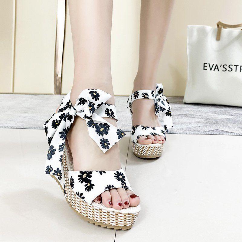 Sandals for Women Strappy Print Wedges Heel Bow Woman Shoes 2025 Luxury High Quality Anti Slip Hot Trending Comfort Vintage Pvc