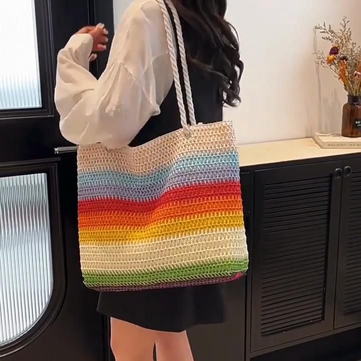 Casual Beach Handbag Strip Weave Bag Large Capacity Lazy Style Rainbow Beach Bag Bohemian Style Hollow Tote Bag Streetwear CLE