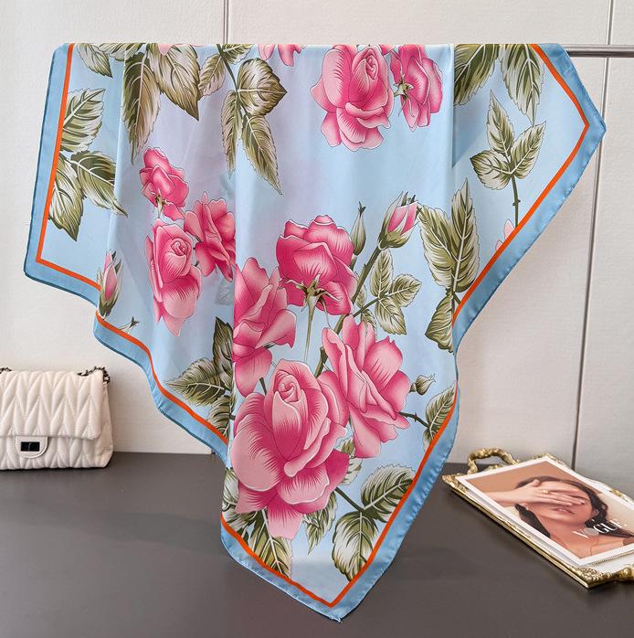 Women's Retro Fashion Mulberry Silk Feel Square Scarf - Summer Faux Satin, Sun Protection, 90cm