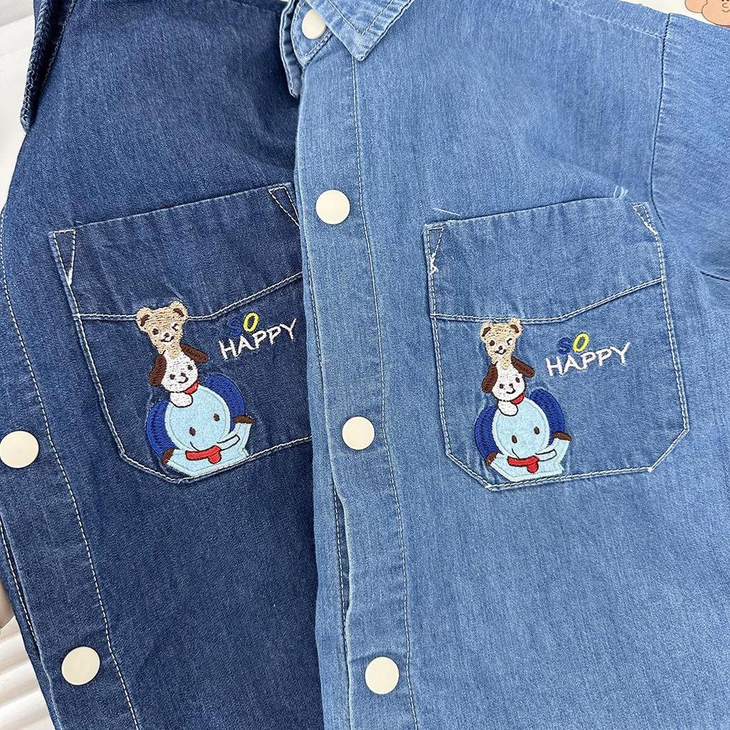 2026 Boys' Cartoon Embroidered Denim Short-Sleeve Shirt - Summer New Arrival