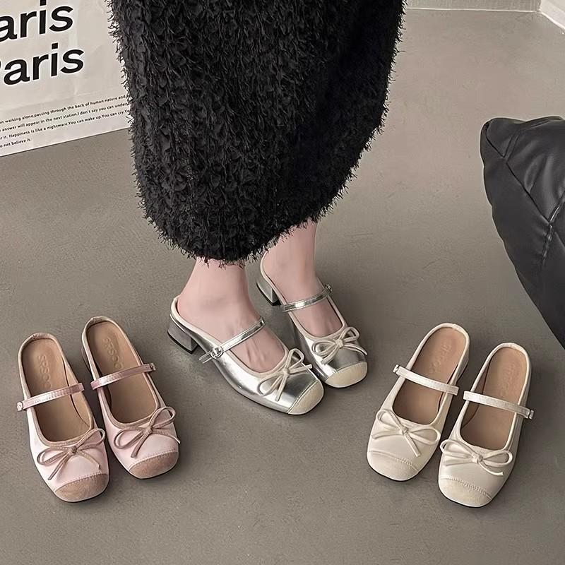 2025 Summer New Fairy Style Bow Ballet Shoes Women's Wear Silk and Satin Surface One Word with Bag Head Single Shoes
