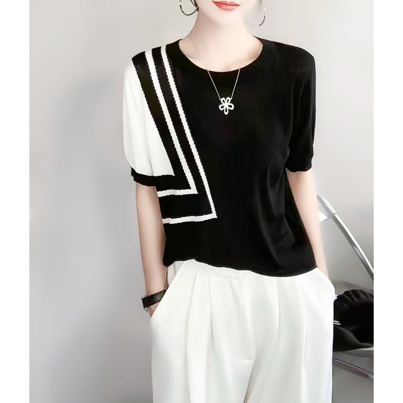 Women's Knitted T-shirt Ice Silk Short Sleeve Irregular Contrasting Stripes Round Neck Summer New Women's Design