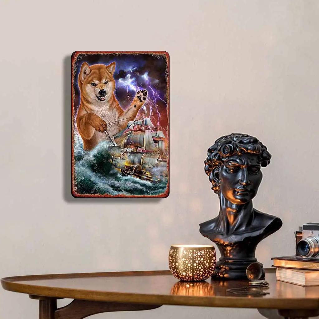 Vintage Metal Wall Art Japanese Shiba Inu Dog & Storm Ship Scene