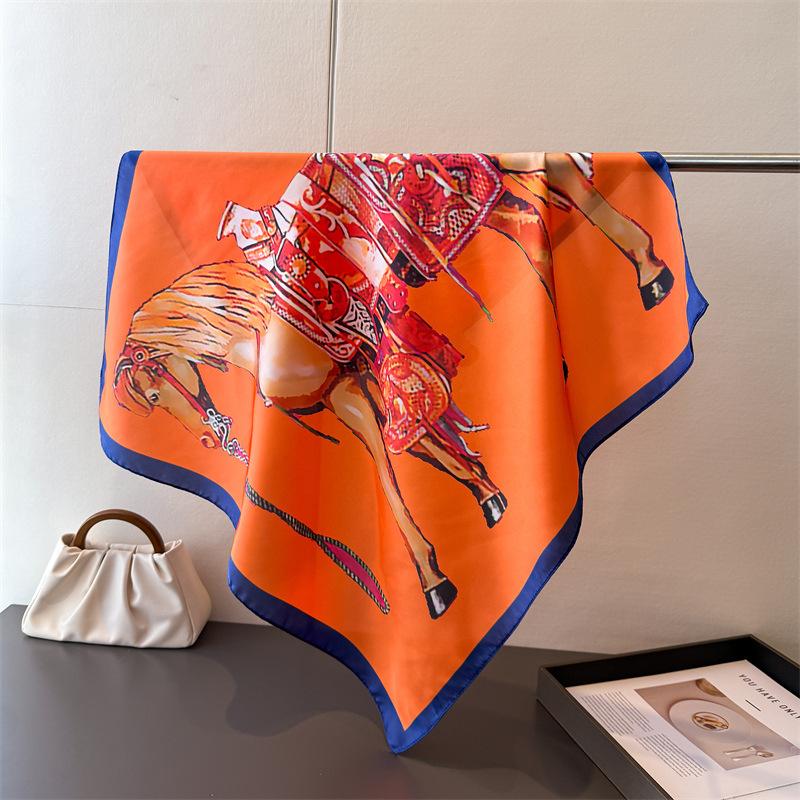 Luxury Horse Lightweight Faux Silk Printed 70cm Small Square Scarf Shawl Neck Scarf High-End Fashion Neck Head Wrap Scarf