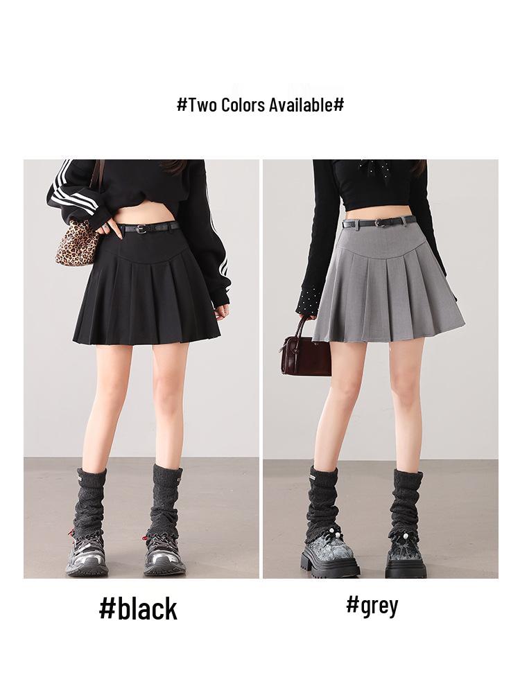 European & American Style Korean Pleated A-line Skirt with Belt - Anti-Exposure, Age-Reducing Short Umbrella Skirt.