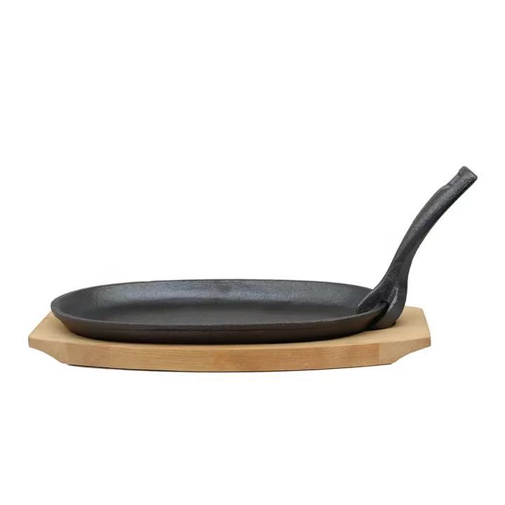 

Cast Iron Skillet with Wooden Tray and Metal Spatula, for Grilled Fish and Grilling, Kitchen Essentials Oval Steak Pan