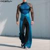 INCERUN Two-piece Men Long Sleeve Striped Mesh Sheer Crop Tops Bow Elastic Waist Pants Sets