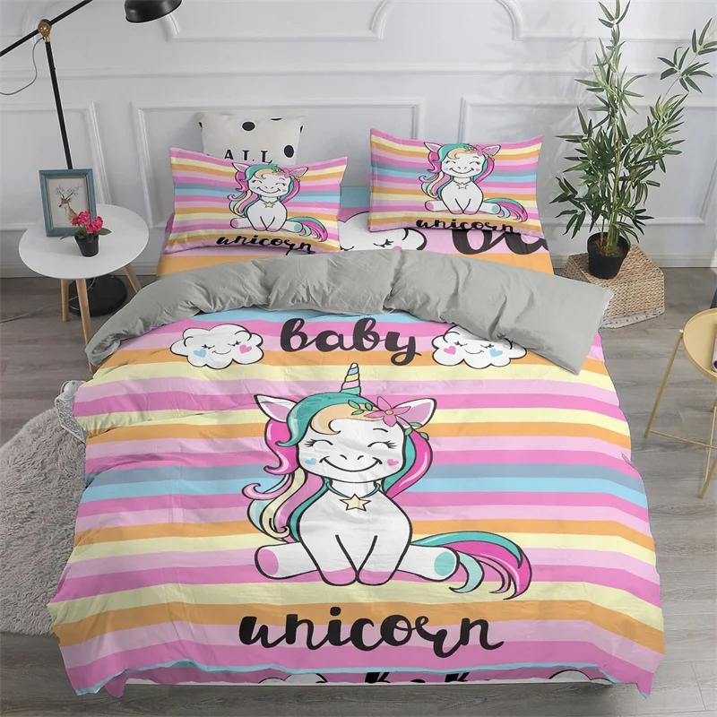 Children Cute Unicorn Duvet Cover Cartoon Bedding Set Rainbow Stripes Animals Children Kids Girls Gifts for Bedroom Decorations