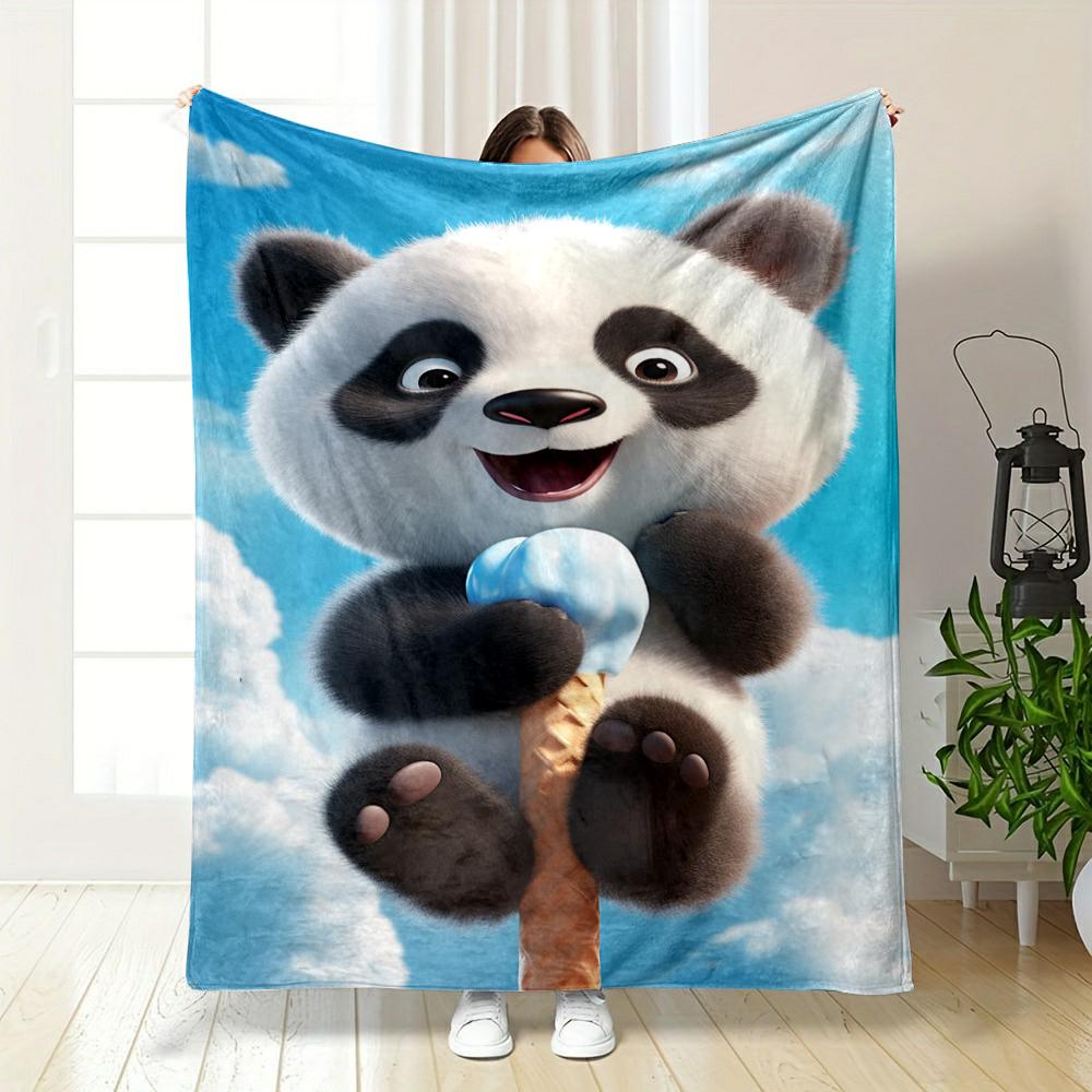 Cute Panda Holding Ice Cream On Blue Sky Flannel Blanket for Bedroom, Living Room, Sofa, and Nap Sofas