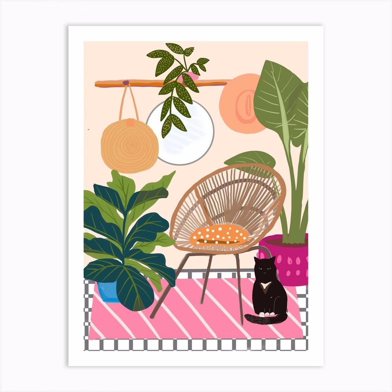 

Boho Art Черный Кот Тропические Растения Плакат Холст Картина Милое Животное Скандинавская Настенная Картина Для Современной Гостиной Домашнего Декора 21x30cm No Frame