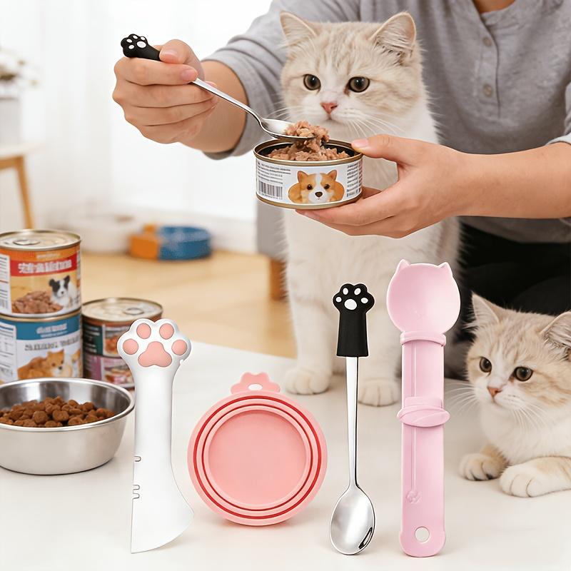 Conjunto de 4 Peças de Colheres para Comida de Animal de Estimação Patinha de Gato, Abridor de Latas e Raspador de Tampa Multifuncional para Comida Úmida de Cão e Gato