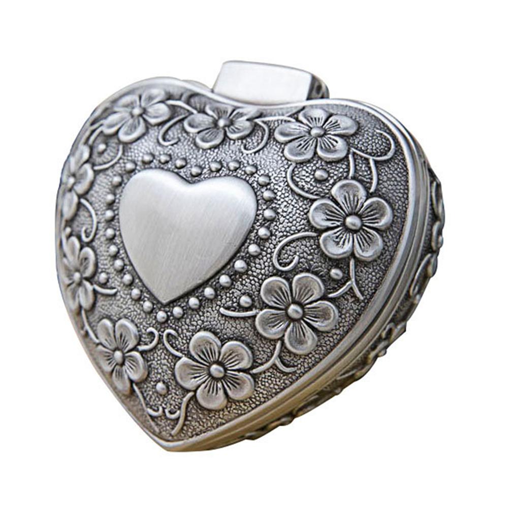 

1 шт. Сплав Антикварная шкатулка для украшений Серебряная в форме сердца Коробка для колец Классическая Портативная Маленький органайзер для хранения безделушек Сундук для украшений серебряный