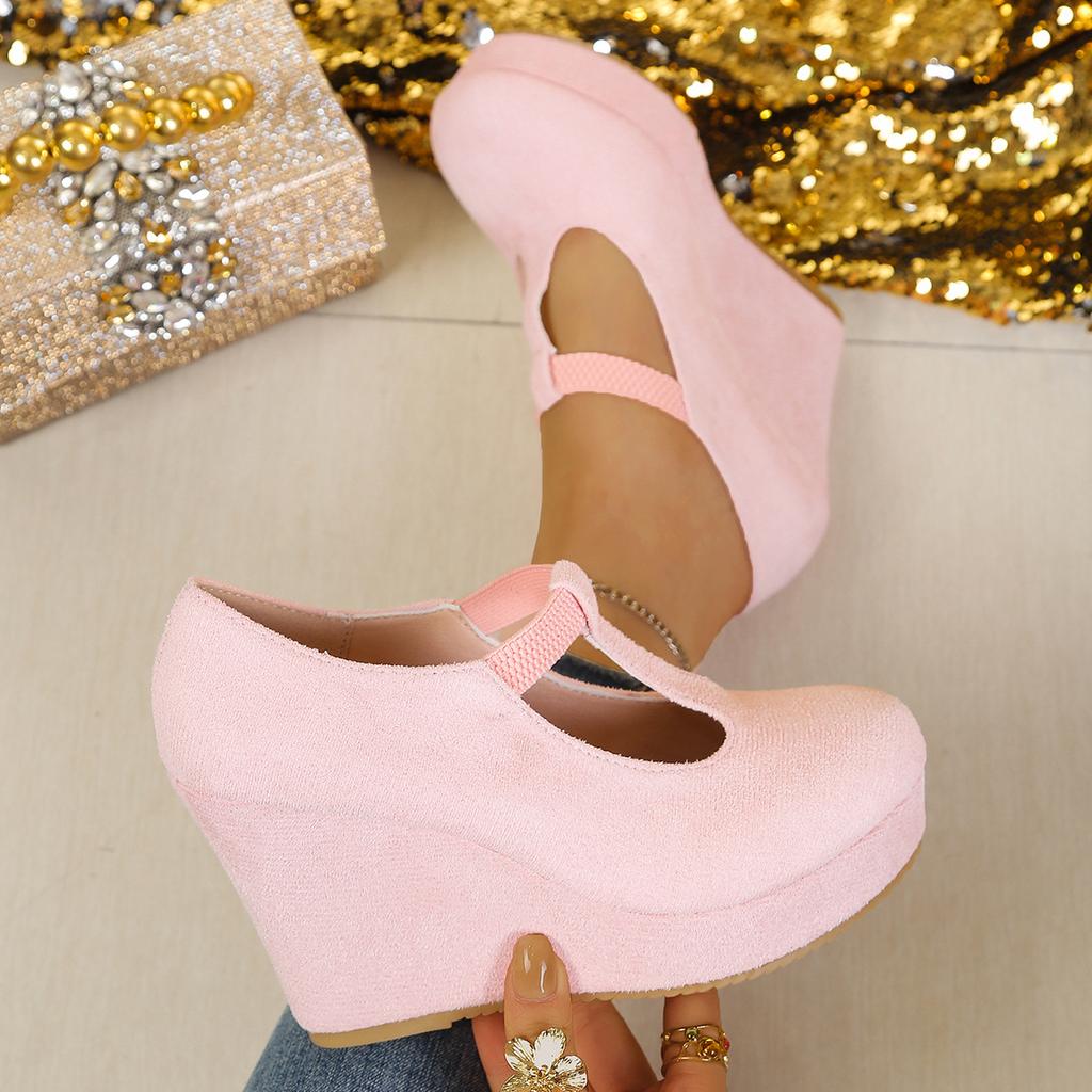 Large Size Spring and Autumn New Slope Heel Single Shoes Women's Waterproof Table Fashion Round Head Super High Heel Oneword Buckle Shallow Mouth