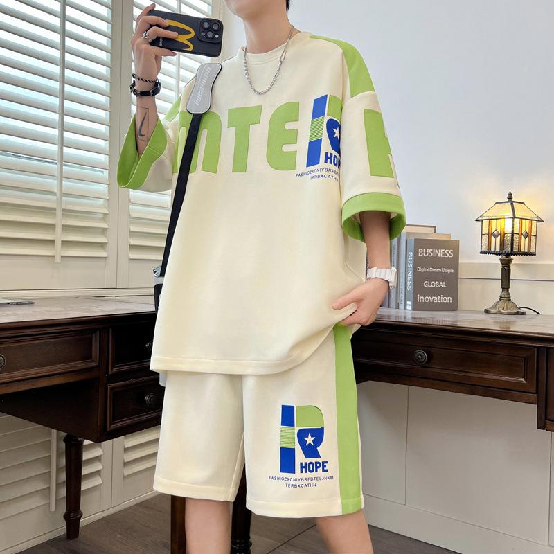 

Летний тонкий вафельный мужской повседневный спортивный костюм большого размера, свободный костюм из двух частей с рукавами пять точек XXXXL