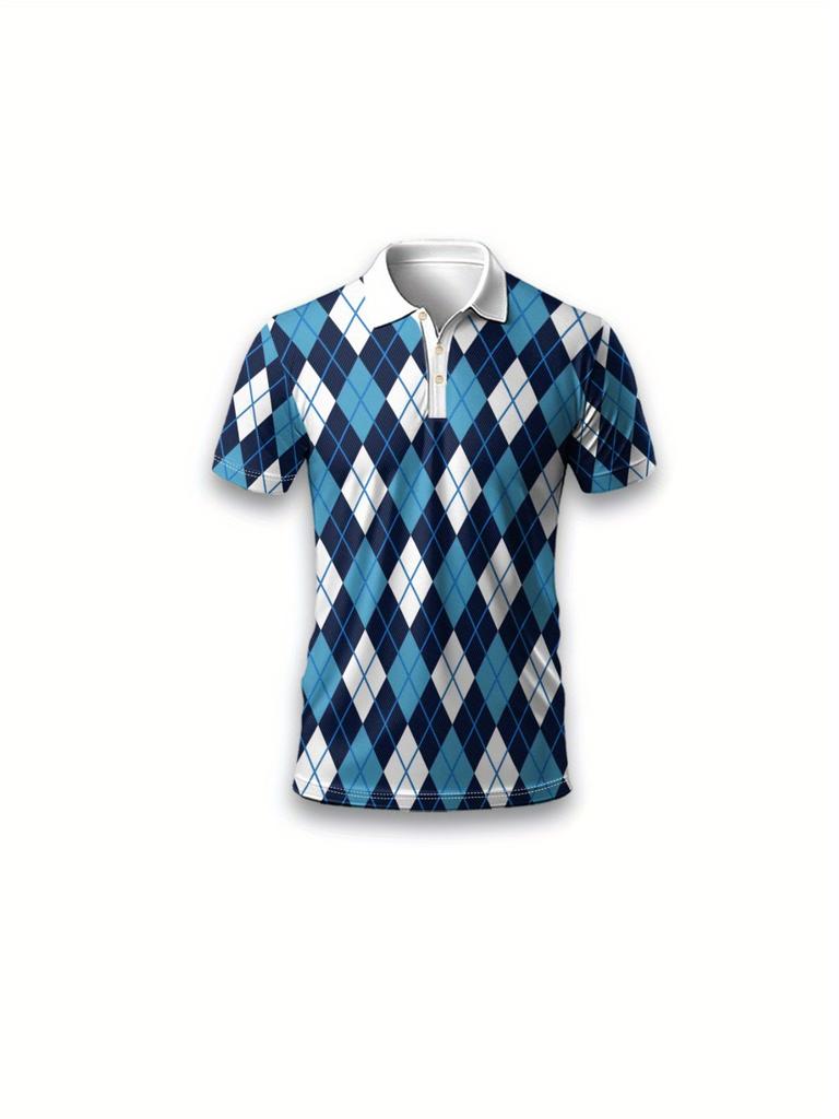 The 2025 summer new men's short-sleeved POLO shirt features a casual fashionable and comfortable 3D checkered pattern print