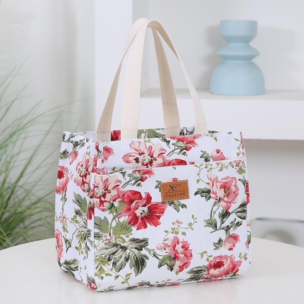 Portable Canvas Lunch Bag Floral Print Large Capacity Ice Bag Foil Lining Lunch Box Handbag for Women