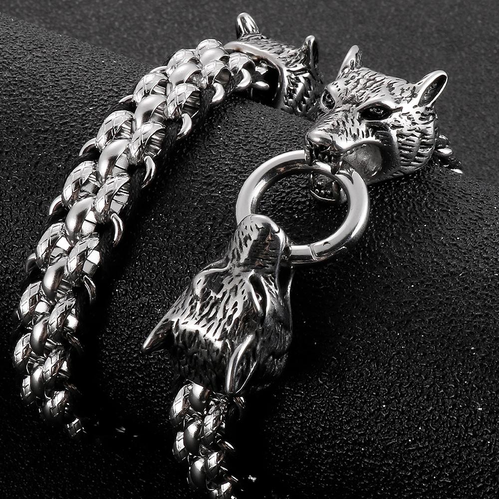 Gothic Double Wolf Heads on Hand Bands Bracelet for Men Stainless Steel Viking Jewelry Men's Bracelets with Spring Ring Clasp