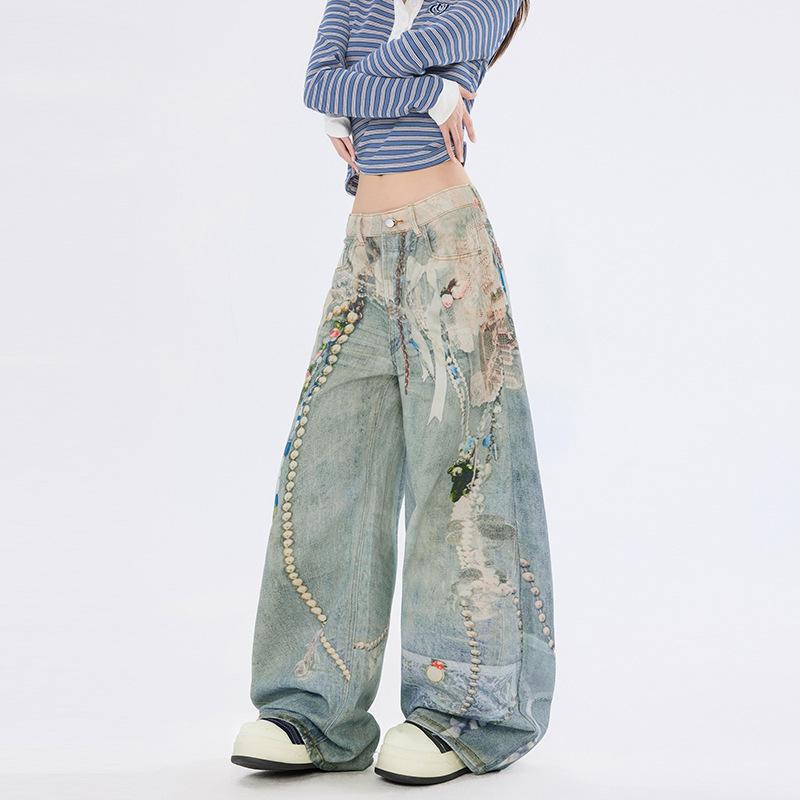 Jeans Stampati Usurati Autunnali Pantaloni a Gamba Larga con Schizzi d'Inchiostro