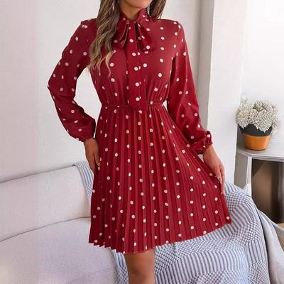 Women's Spring Summer Temperament Polka Dot Lace-up Waist Long Sleeve Pleated Dress
