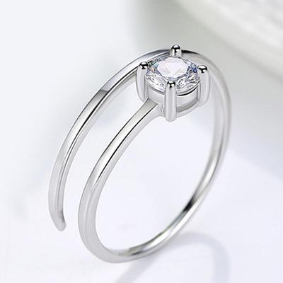 S925 Sterling Silver Adjustable Open Ring with Diamond Inlays - Four-Prong Design, Perfect for Qixi Festival.