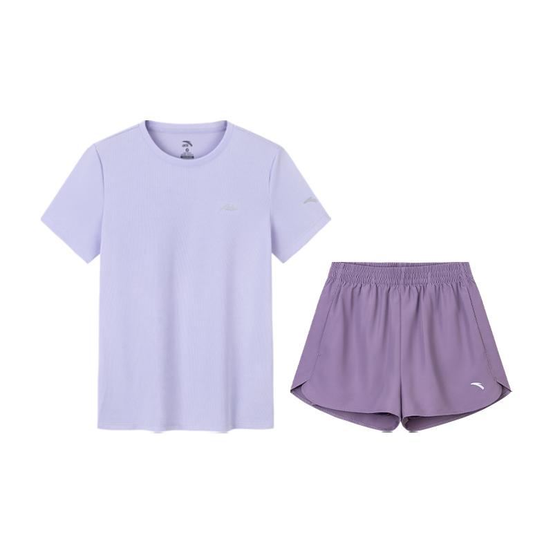Anta Training Series Round Neck Pullover Solid Color Short Sleeve Sports Comfortable Shorts Set Women sets Purple 962527205-7