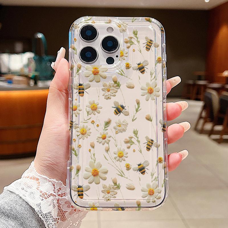 Cute Honeybee Flower Pattern Soft Clear hone Case For iPhone 17 16 16E 15 14 13 12 11 Pro Max Air XS X XR 7 8Plus SE2 Soft Cover