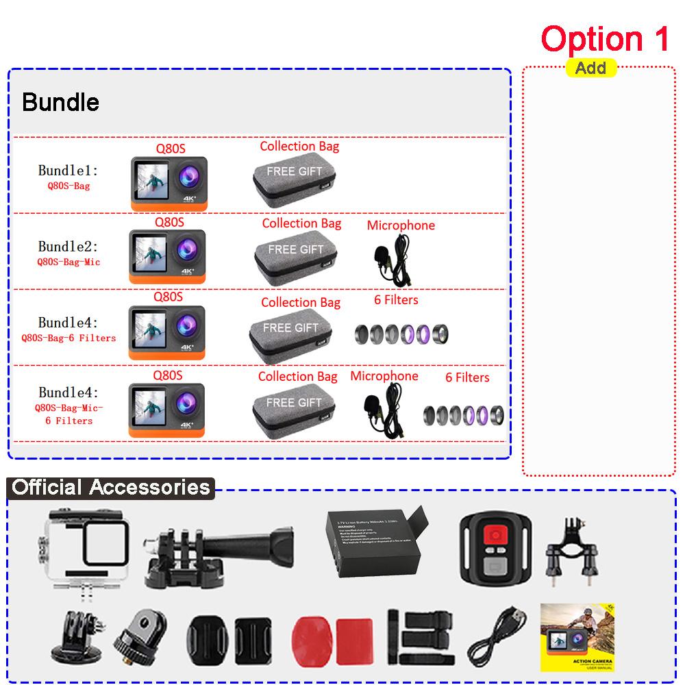 

2 Touch IPS Dual Screen Action Camera 4K60FPS 24MP DVR Wi-Fi 170D EIS Optional Filter 1080P Webcam Sport Underwater 30M Camera Q80S-Bag