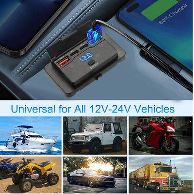 Evrensel 12-24V USB Şarj İstasyonu Dijital Ekranlı, 4 Portlu QC3.0+PD Yüzeye Monte Güç Hub'ı RV Karavan Mobil Ev Seyahat Karavanı için