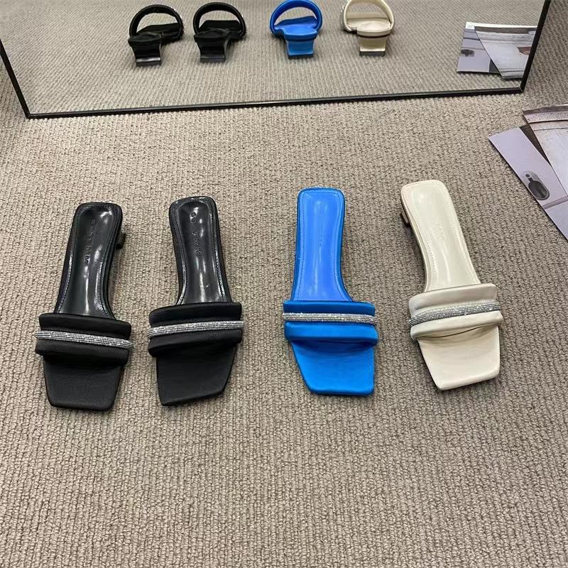 Women's Slippers 2024 New Summer Square Toe Outerwear Fashion Sequined Low-heeled Slippers Flip Flops Pantuflas De Mujer