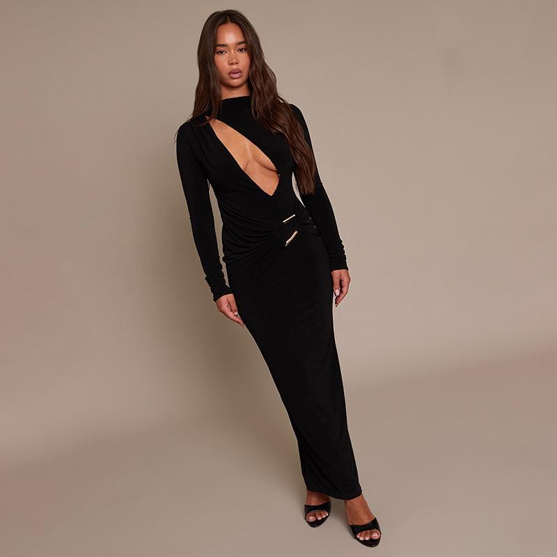 

Autumn New European and American Style Sexy Long Sleeve Hollow Tights Asymmetrical Crew Neck Dress L чорний