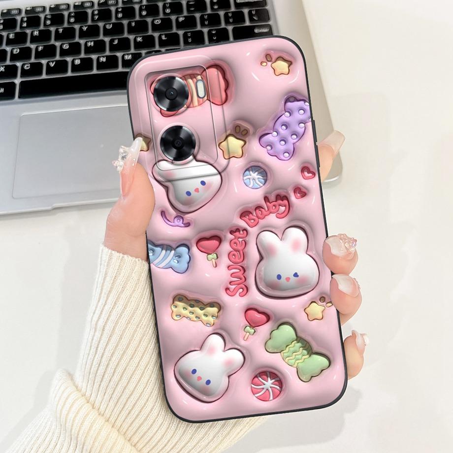 For Oppo A57 A57s A57e A77 A77s 4G Phone Case Oppo A77 5G A56s Back Cover Soft Liquid Silicone Pnada Rabbit Flower Cute Bumper
