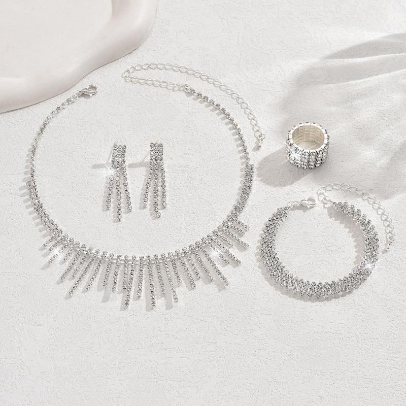 Super sparkling full diamond rhinestone necklace earrings suit bridal jewelry four-piece set wedding dress accessories