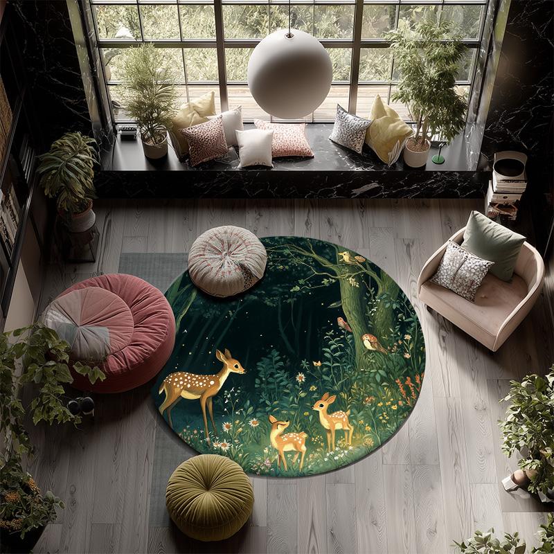 Forest Deer,Round Area Rug,Carpet Rug for Living Room Bedroom Sofa Playroom Decor,Non-slip Floor Mat