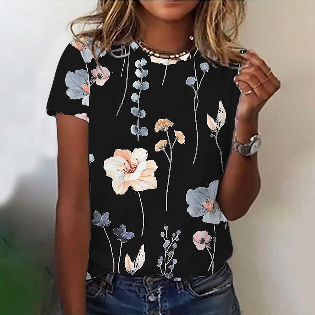 Women's Fashion Casual Short Sleeve Flower Print Round Neck Pullover Top Blouse