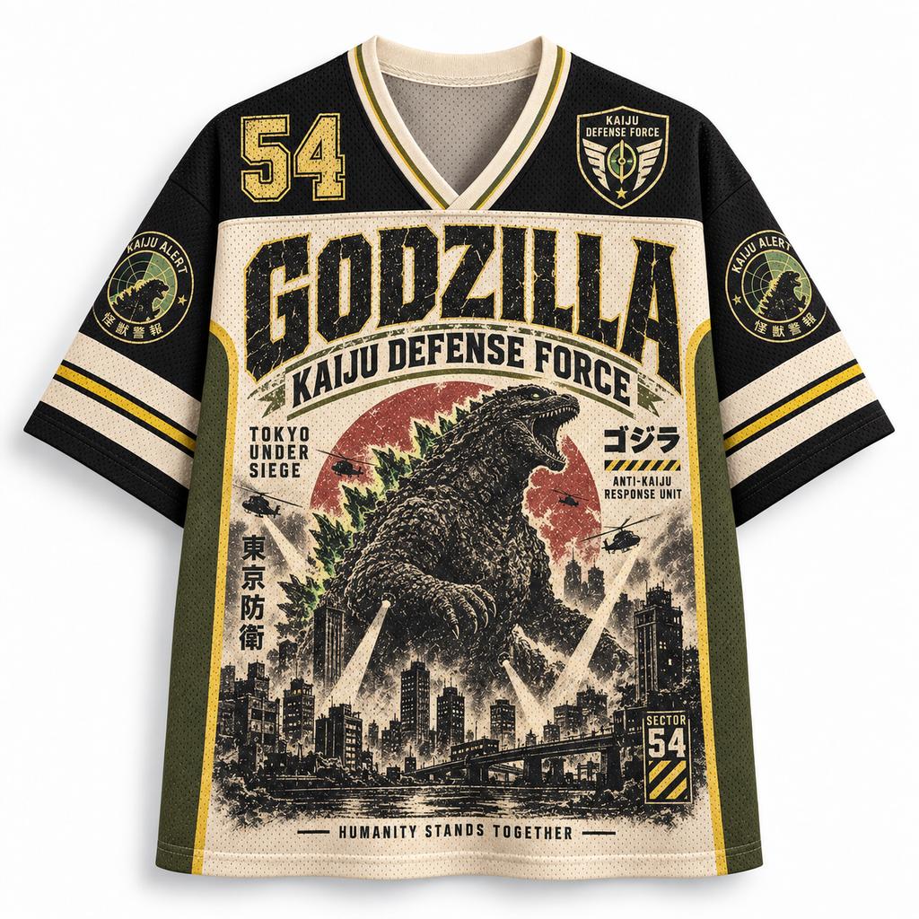 Godzilla 1954 Monster 54 Mesh Shirt Men's and Women's T-shirt Retro Monster Full Print Street Hip Hop Loose Role Playing Top