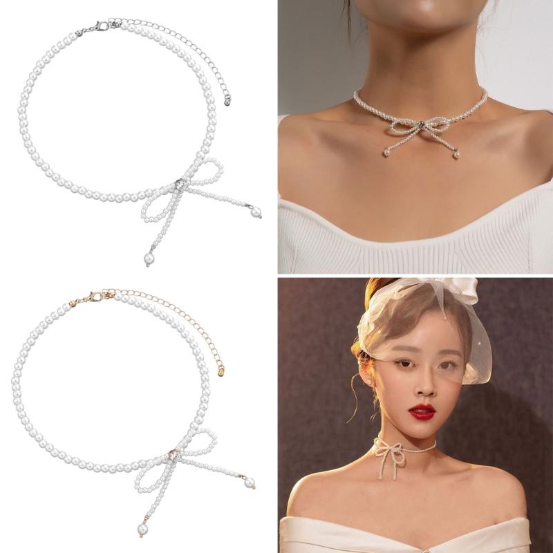 Bowknot Neckchain Girl Simple Imitation Pearls Choker Chain Aesthetic Jewellery