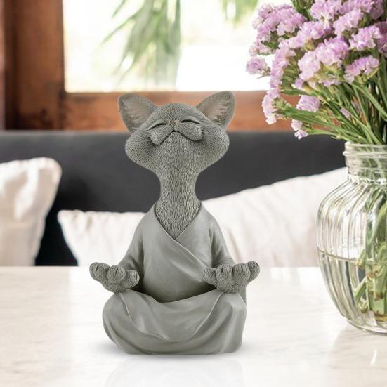 Statua di Gatto Zen in Resina in Posizione di Meditazione per Arredamento Casa e Ufficio
