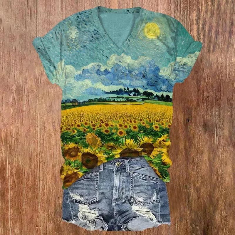 Sommar V-ringad 3D Blommig Tryckt Topp Trendiga Casual Kortärmade Dam T-shirts